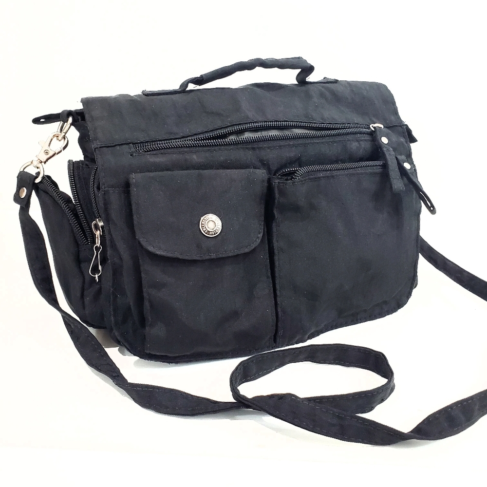 Black Micro Fiber Crossbody Bag Multi Compartments